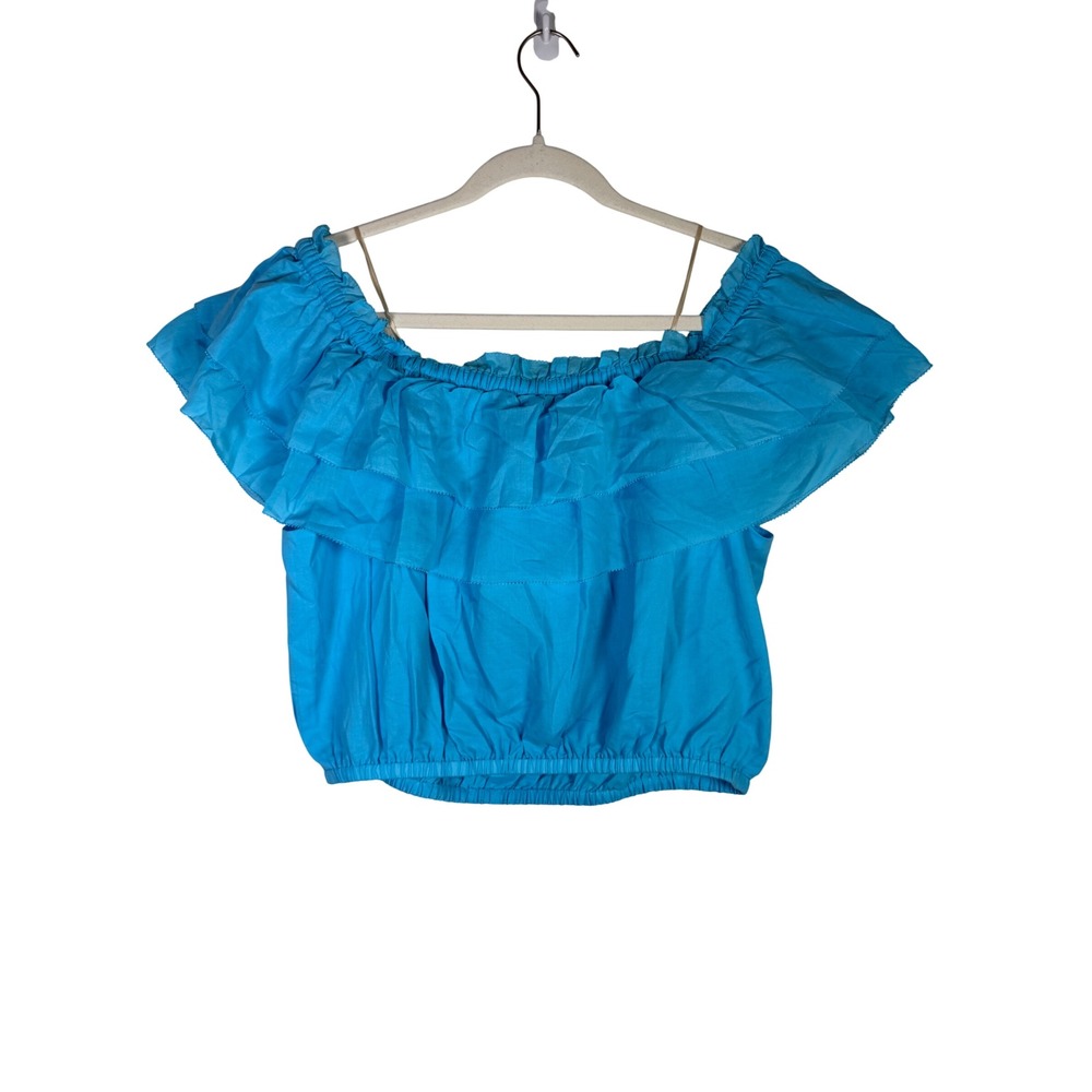 Trina Turk Solange Blue Off Shoulder Ruffle Crop Women's Large